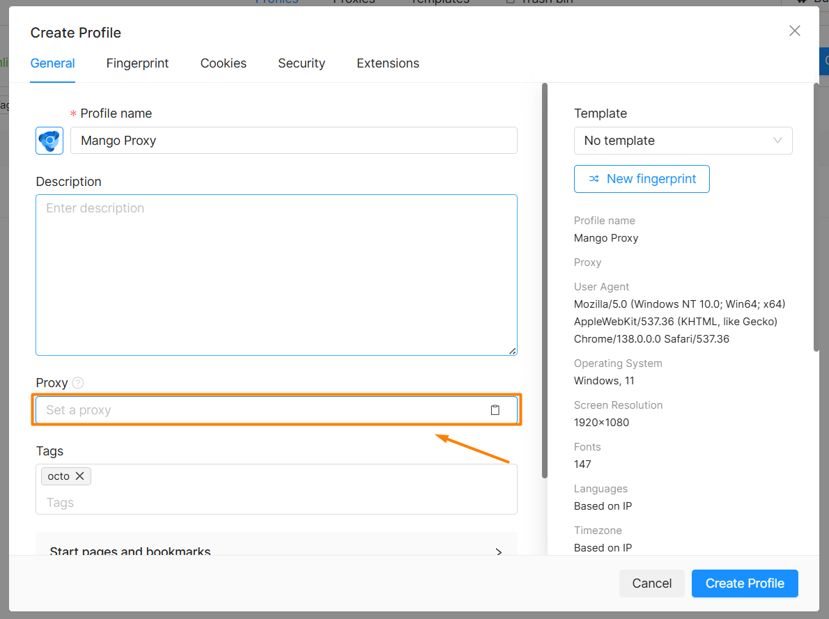 Selecting a proxy type in Octo Browser